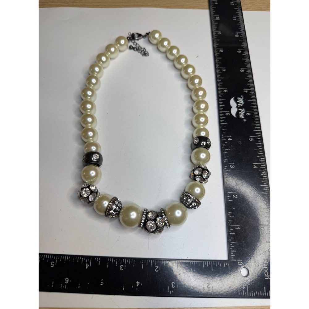 Chunky Faux Pearl Statement Necklace Rhinestone Gunmetal Accents Cream Beaded